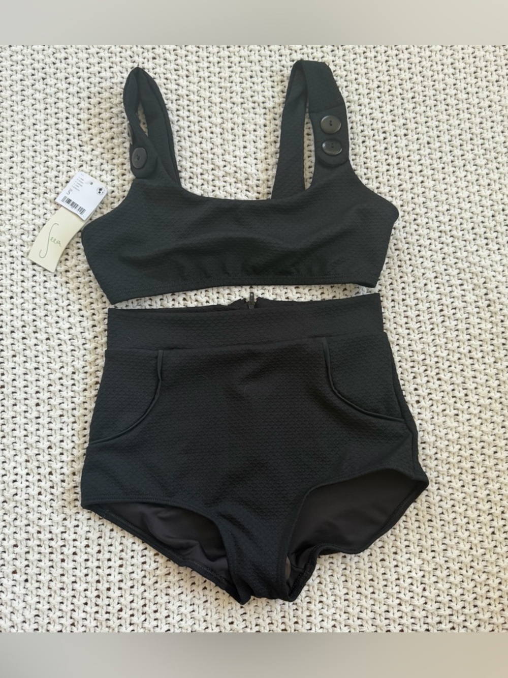 Seea Georgia Surf Top & High-Waisted Surf Bottoms Swimsuit Bikini Set Black $196 - Picture 6 of 14